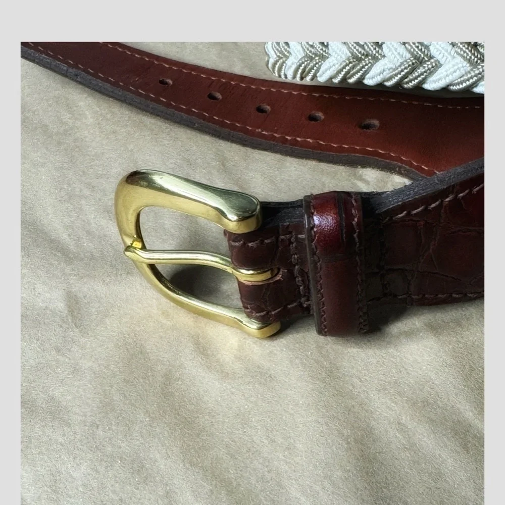 Crookhorn Belt Brown Croc Woven Braided Taupe Cream Brass Buckle Size 44